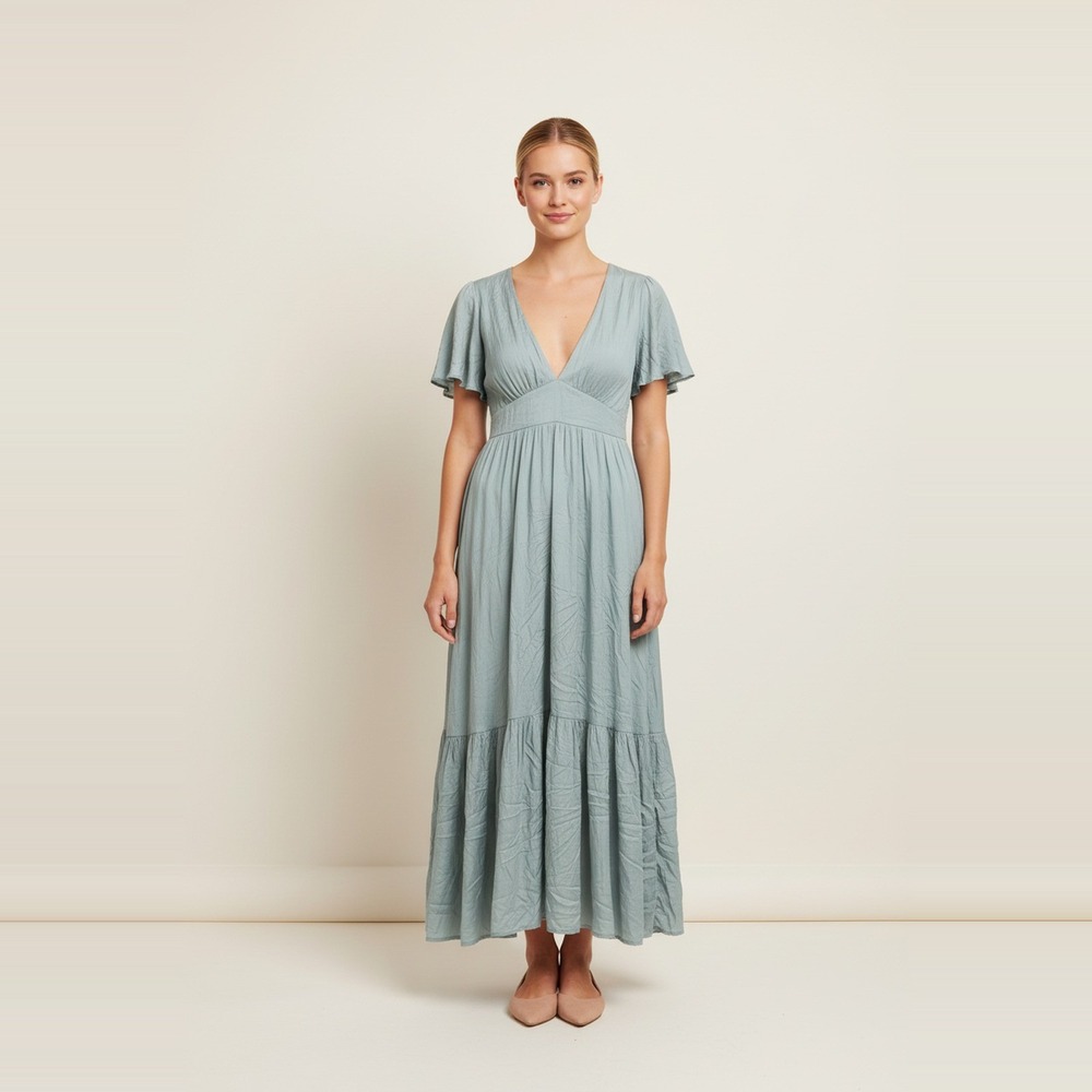 Storia Seafoam Tiered Maxi Dress Deep V Flutter Sleeve Boho Women L